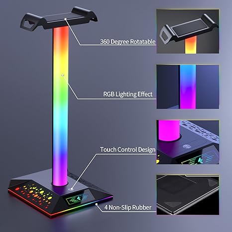 Gaming Headphone Stand PC Accessories - RGB Headset Stand with 2 USB Charger, Cool LED Headphone Holder PC Gaming Accessories Gift for Boys Men Gamers, Computer Game Hardware for Desk - Image 3