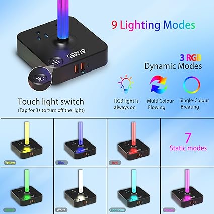 RGB Headphone Stand with USB Charger COZOO Desktop Gaming Headset Holder Hanger with 3 USB Charger and 2 Outlets - Great for Gaming, DJ, Wireless Earphone Display,Gamer PC Accessories Boyfriend Gifts - Image 3