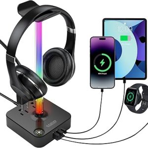 RGB Headphone Stand with USB Charger COZOO Desktop Gaming Headset Holder Hanger with 3 USB Charger and 2 Outlets - Great for Gaming, DJ, Wireless Earphone Display,Gamer PC Accessories Boyfriend Gifts