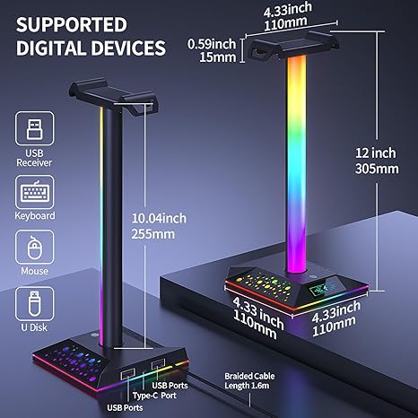 Gaming Headphone Stand PC Accessories - RGB Headset Stand with 2 USB Charger, Cool LED Headphone Holder PC Gaming Accessories Gift for Boys Men Gamers, Computer Game Hardware for Desk - Image 2