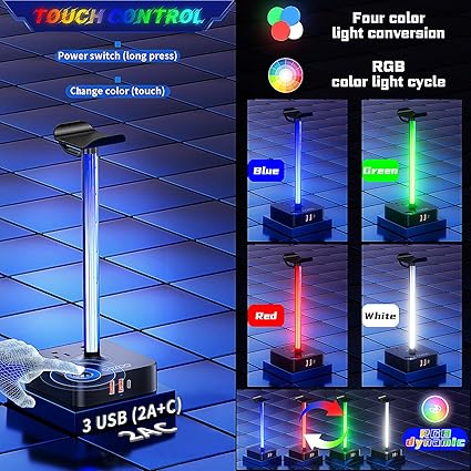 RGB Headphone Stand with USB Charger COZOO Desktop Gaming Headset Holder Hanger with 3 USB Charger and 2 Outlets - Great for Gaming, DJ, Wireless Earphone Display,Gamer PC Accessories Boyfriend Gifts - Image 4