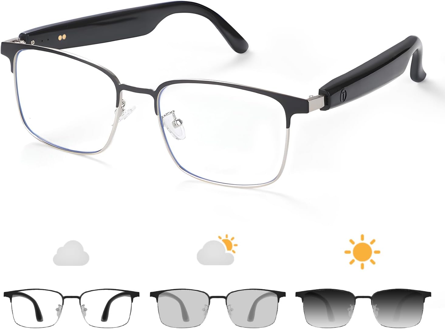 Bluetooth Audio Smart Glasses, Blue Light Glasses for Women Men, Remote Shooting, Open Ear Sound Mic & Speakers, Magnetic Charging, Color-Changing Polarized Sunglasses Lenses, Voice Assistant(GS06S)