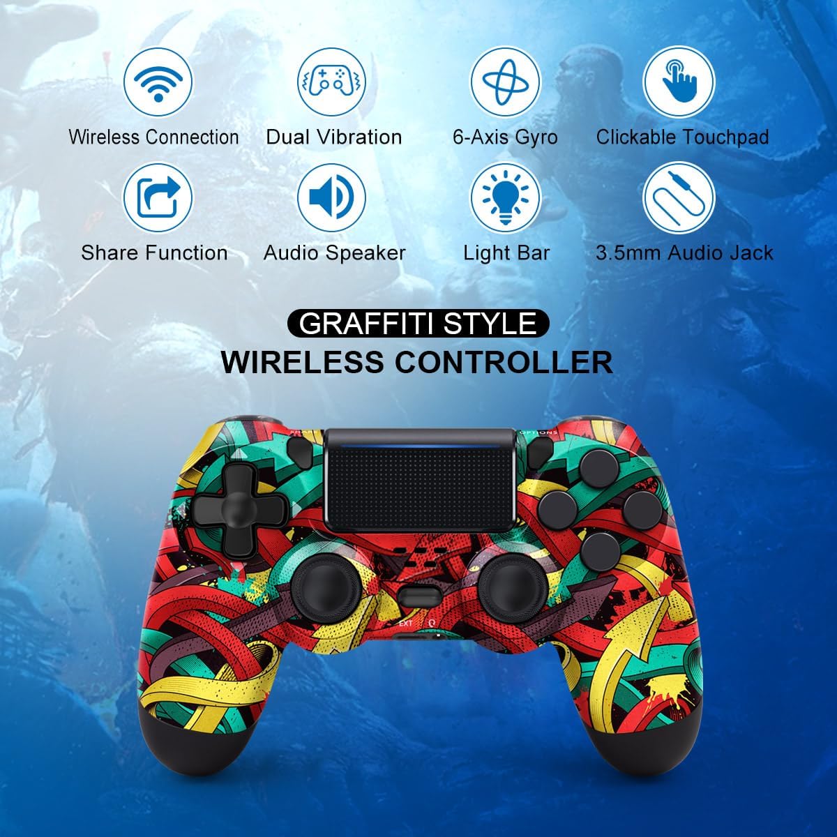 MOOGOLE Wireless Controller for PS4, with USB C Cable/1000mAh Battery/Dual Motors/6-Axis Gyro/3.5mm Audio Jack/Multi Touch Pad/Share Button, Compatible with PS4/Slim/Pro/PC (Colorful Arrows) - Image 2
