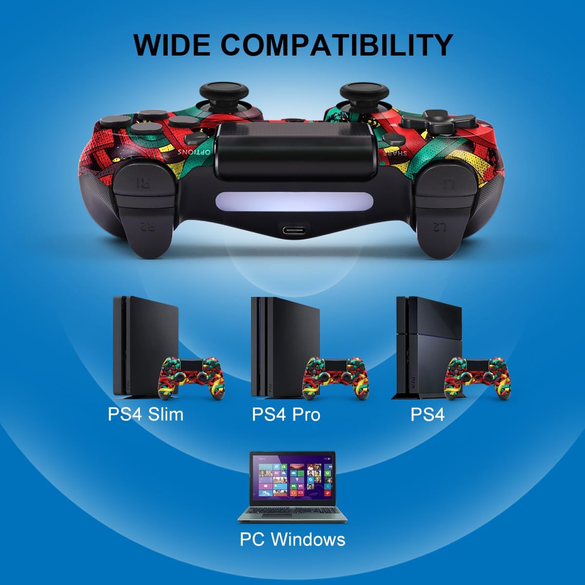 MOOGOLE Wireless Controller for PS4, with USB C Cable/1000mAh Battery/Dual Motors/6-Axis Gyro/3.5mm Audio Jack/Multi Touch Pad/Share Button, Compatible with PS4/Slim/Pro/PC (Colorful Arrows) - Image 3