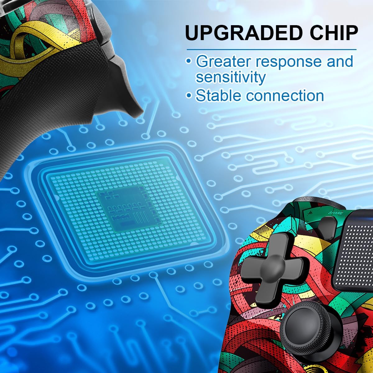 MOOGOLE Wireless Controller for PS4, with USB C Cable/1000mAh Battery/Dual Motors/6-Axis Gyro/3.5mm Audio Jack/Multi Touch Pad/Share Button, Compatible with PS4/Slim/Pro/PC (Colorful Arrows) - Image 5