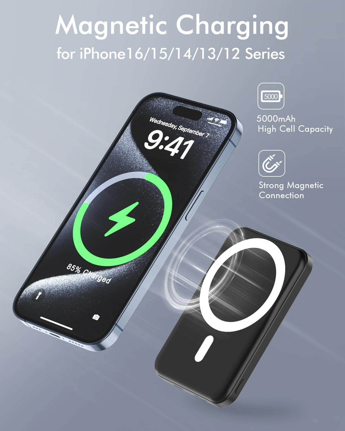 podoru for Magsafe Battery Pack, 5000mAh Magnetic Power Bank with Type-C Cable 20W PD Fast Charging Lighting Input Wireless Portable Charger for iPhone 16/15/14/13/12/ All Series-Black - Image 3