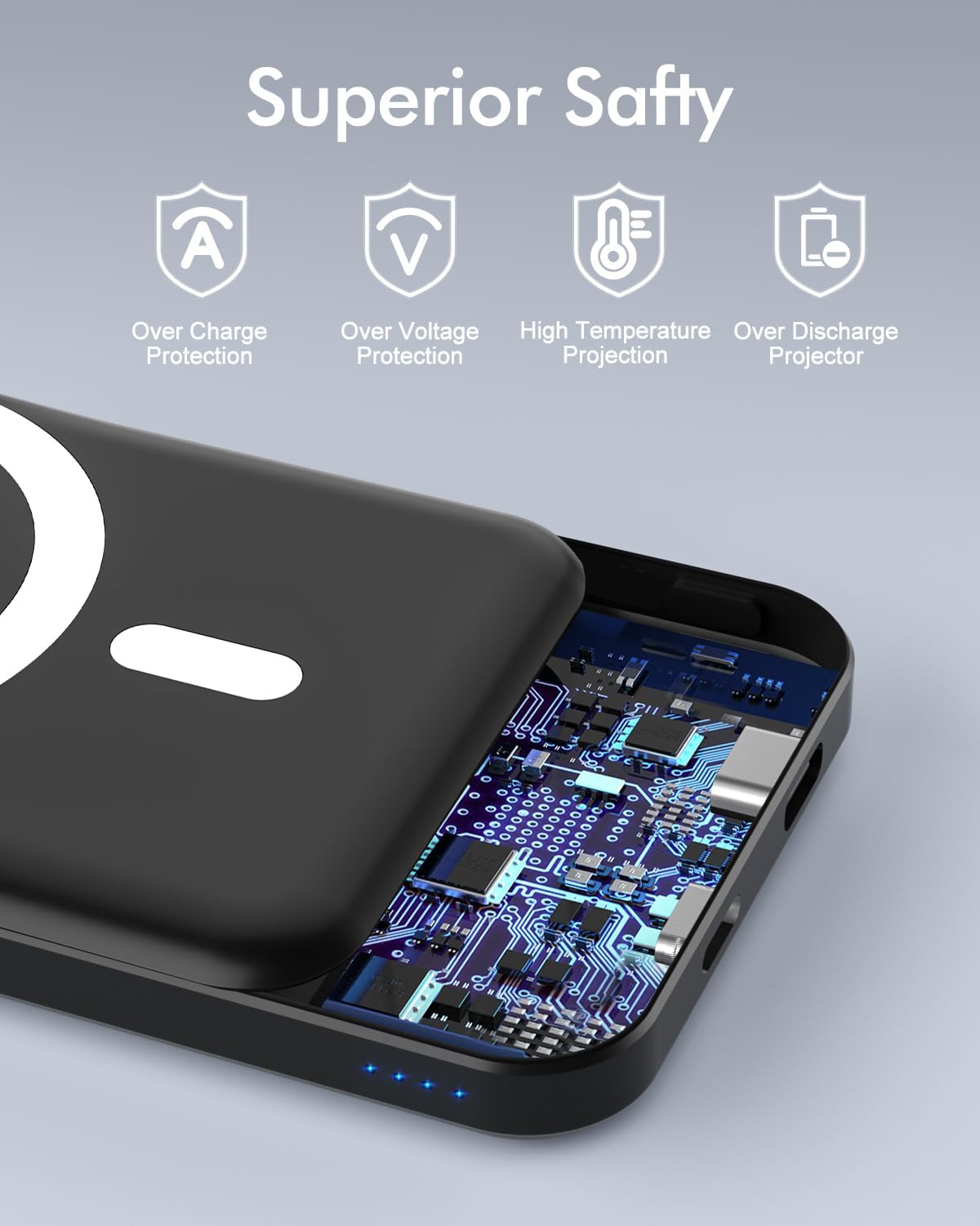 podoru for Magsafe Battery Pack, 5000mAh Magnetic Power Bank with Type-C Cable 20W PD Fast Charging Lighting Input Wireless Portable Charger for iPhone 16/15/14/13/12/ All Series-Black - Image 7