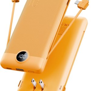 Portable Charger Built-in Cables and AC Wall Plug, VRURC USB C Power Bank 10000mAh, [2023 Upgraded Version] Phone Charger Compact Lightweight External Battery Pack for Smart Phones, Tablets etc-Orange