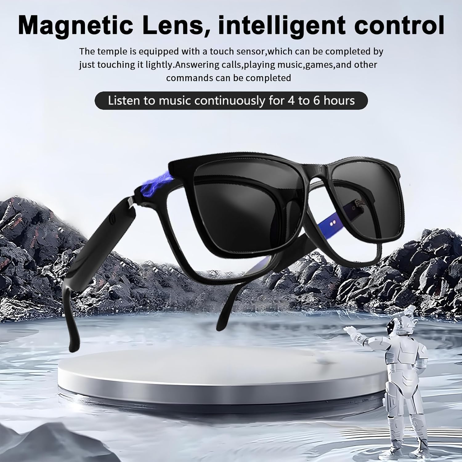 Smart Bluetooth Glasses for Women Men with Magnetic Lenses Music Sunglasses UV400 Open Ear,Clear Calls,Outdoor Driving (with Black Lens) - Image 3