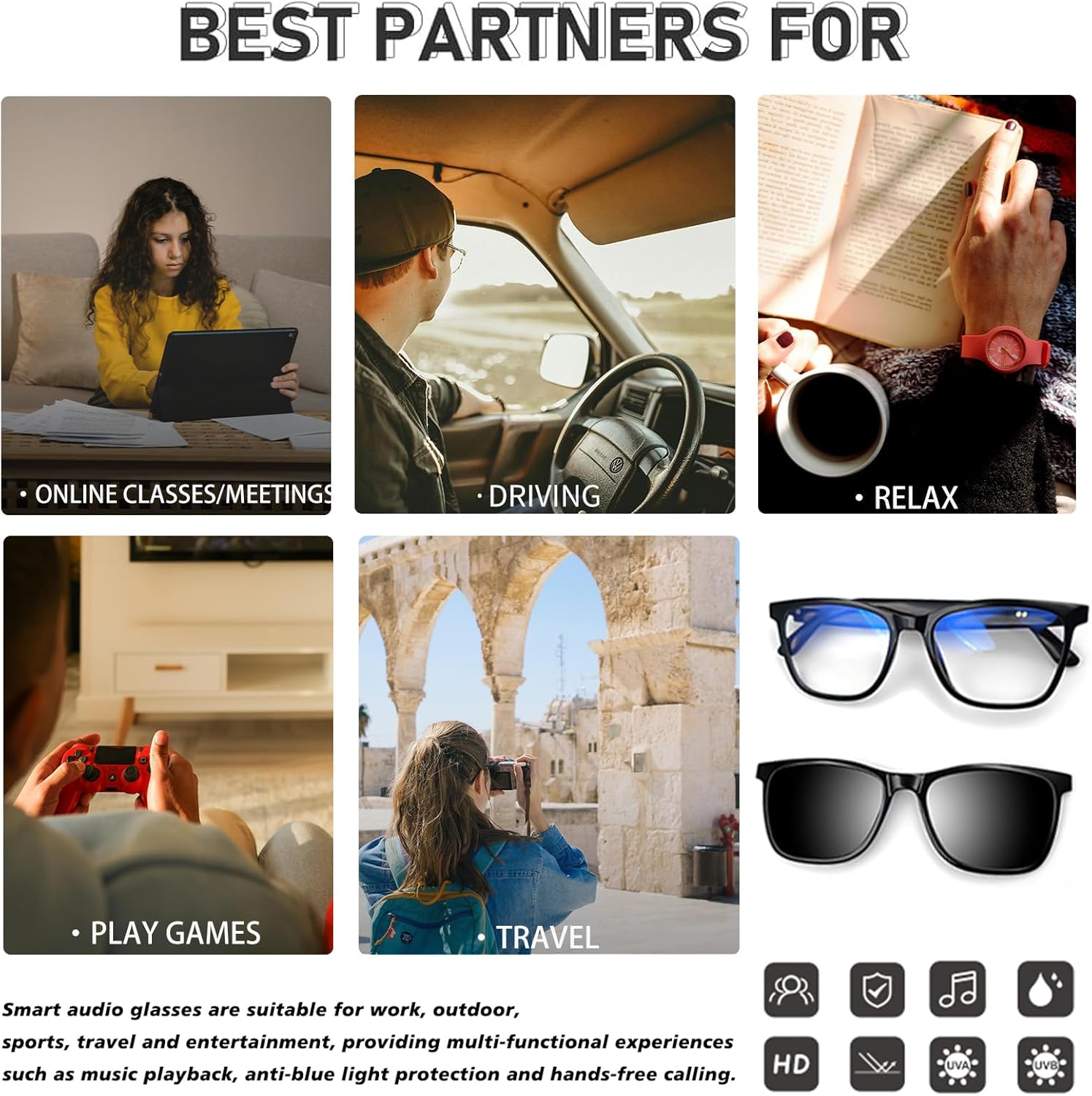 Smart Bluetooth Glasses for Women Men with Magnetic Lenses Music Sunglasses UV400 Open Ear,Clear Calls,Outdoor Driving (with Black Lens) - Image 8