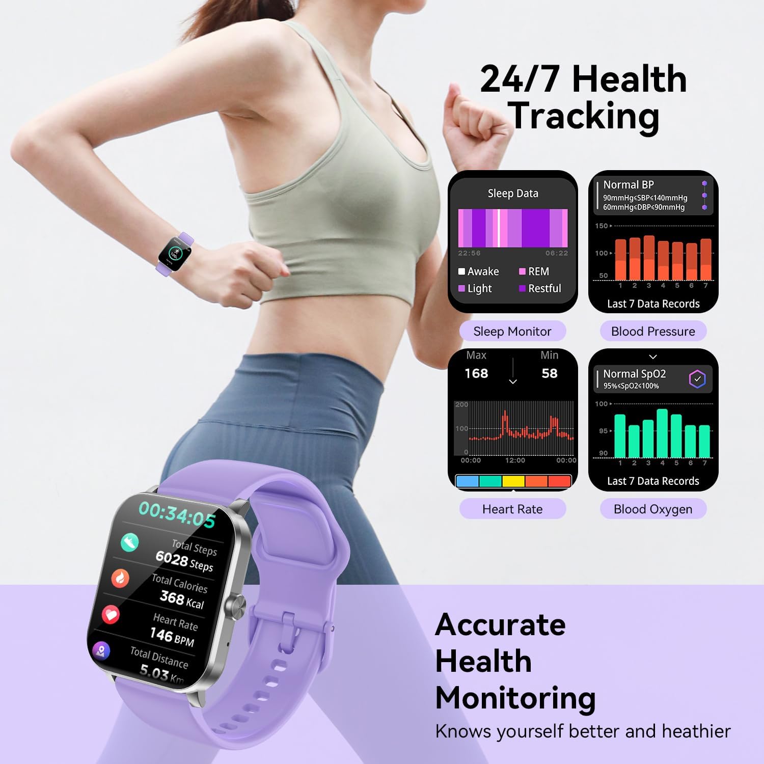 Smart Watch, 1.85" Smartwatch for Men Women (Answer/Make Call), IP68 Waterproof Fitness Tracker, 120+ Sport Modes, Heart Rate, Sleep Monitor, Pedometer, Spo2, Activity Tracker for Android iOS (Purple) - Image 3