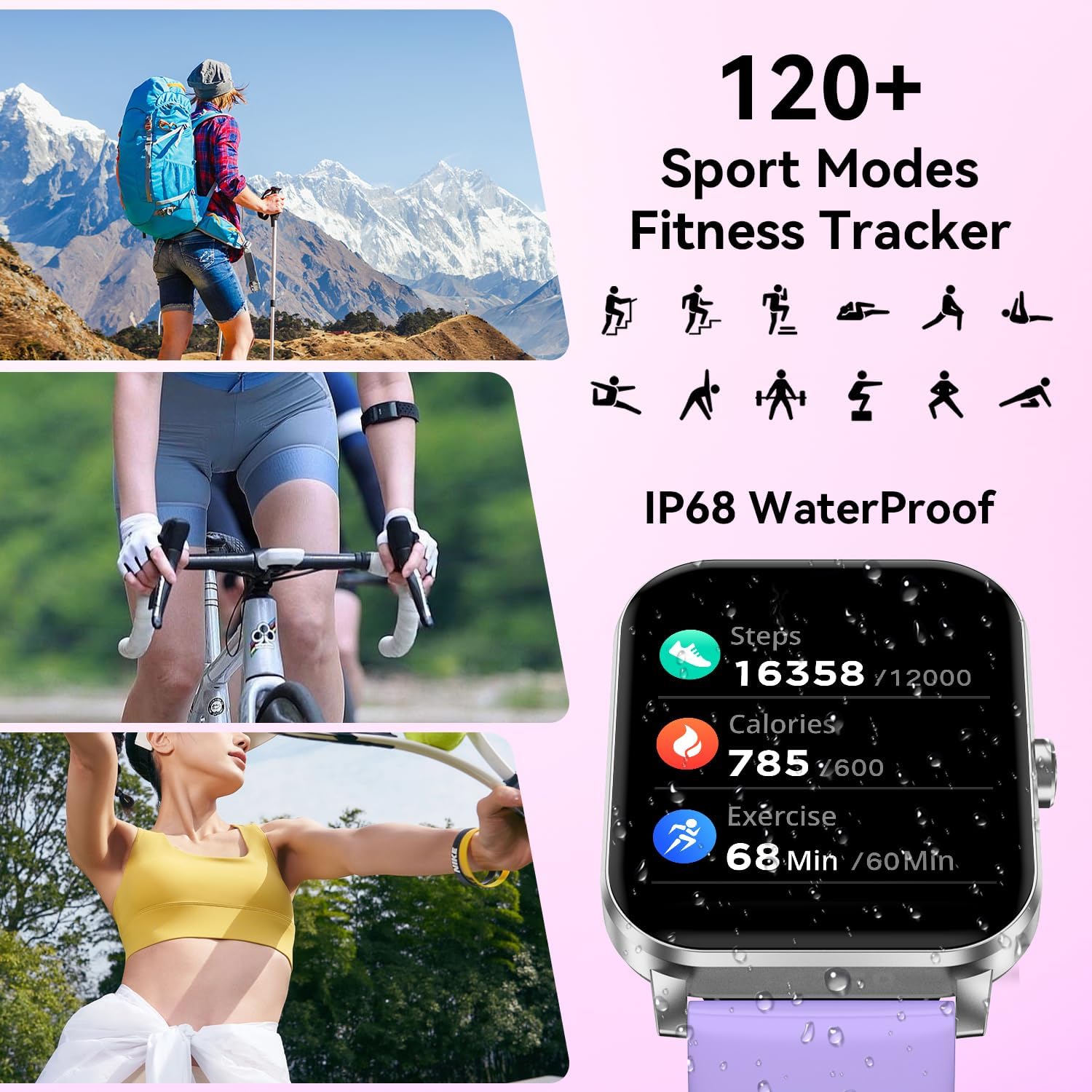 Smart Watch, 1.85" Smartwatch for Men Women (Answer/Make Call), IP68 Waterproof Fitness Tracker, 120+ Sport Modes, Heart Rate, Sleep Monitor, Pedometer, Spo2, Activity Tracker for Android iOS (Purple) - Image 4