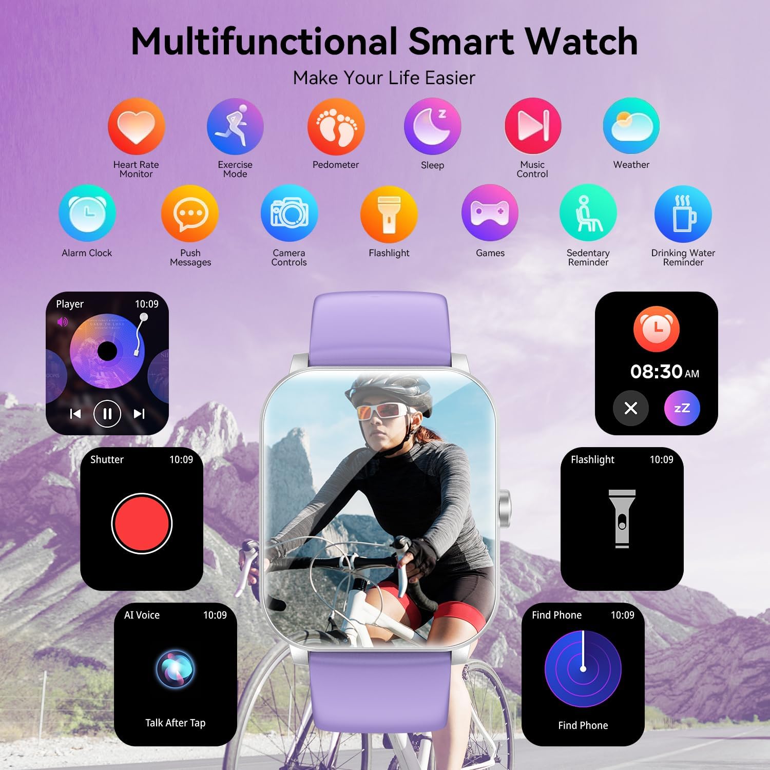 Smart Watch, 1.85" Smartwatch for Men Women (Answer/Make Call), IP68 Waterproof Fitness Tracker, 120+ Sport Modes, Heart Rate, Sleep Monitor, Pedometer, Spo2, Activity Tracker for Android iOS (Purple) - Image 5